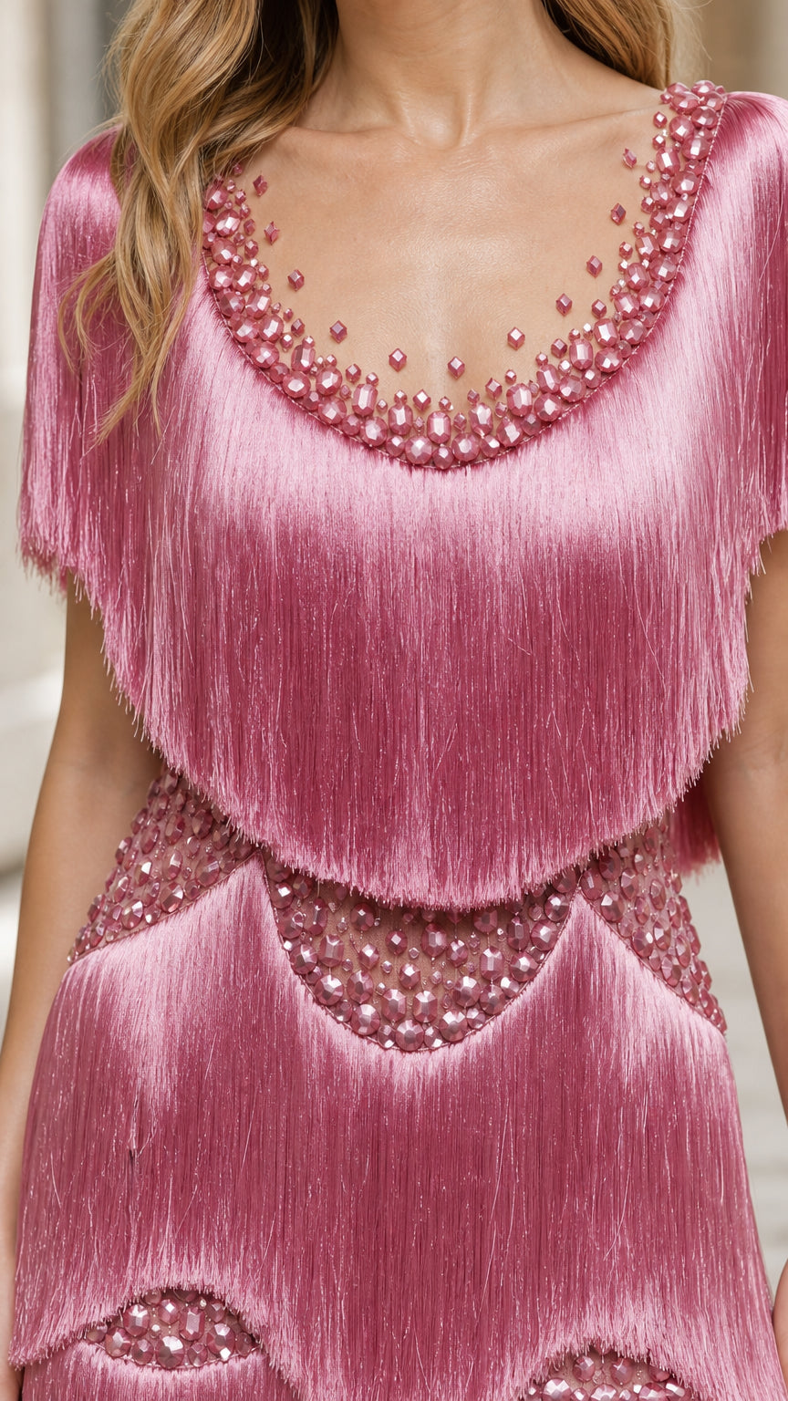 Close up of beaded neckline and fringe detail on pink dress