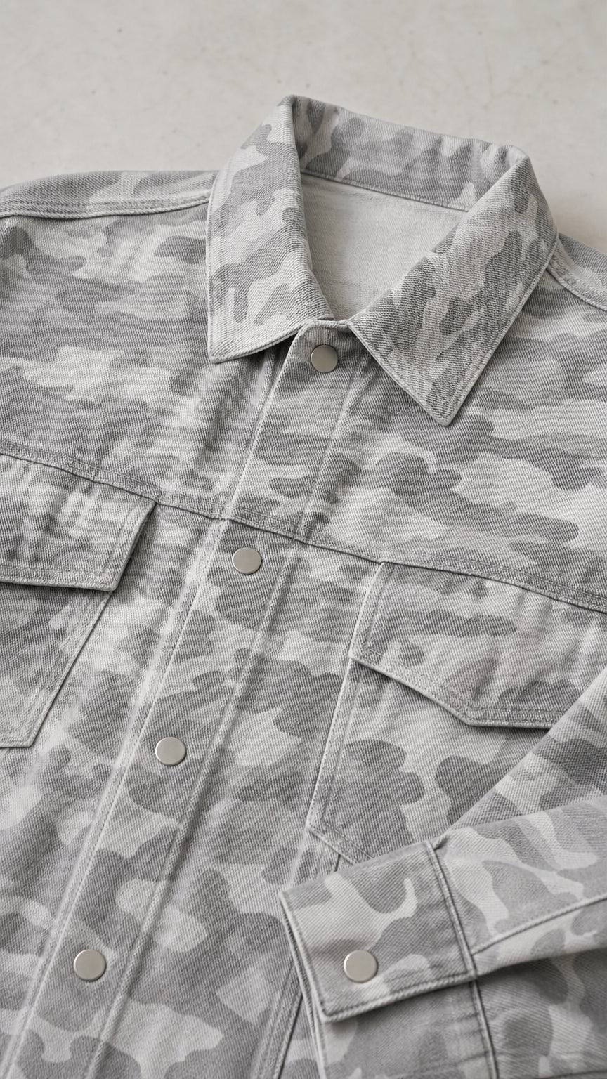 Close-up of camouflage jacket collar, button front, flap pockets, and topstitching