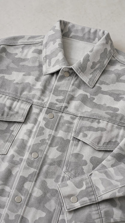 Close-up of camouflage jacket collar, button front, flap pockets, and topstitching