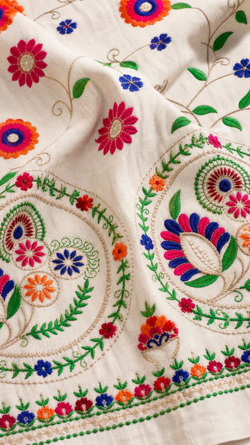 Close-up detail of multi-color floral embroidery on woven fabric