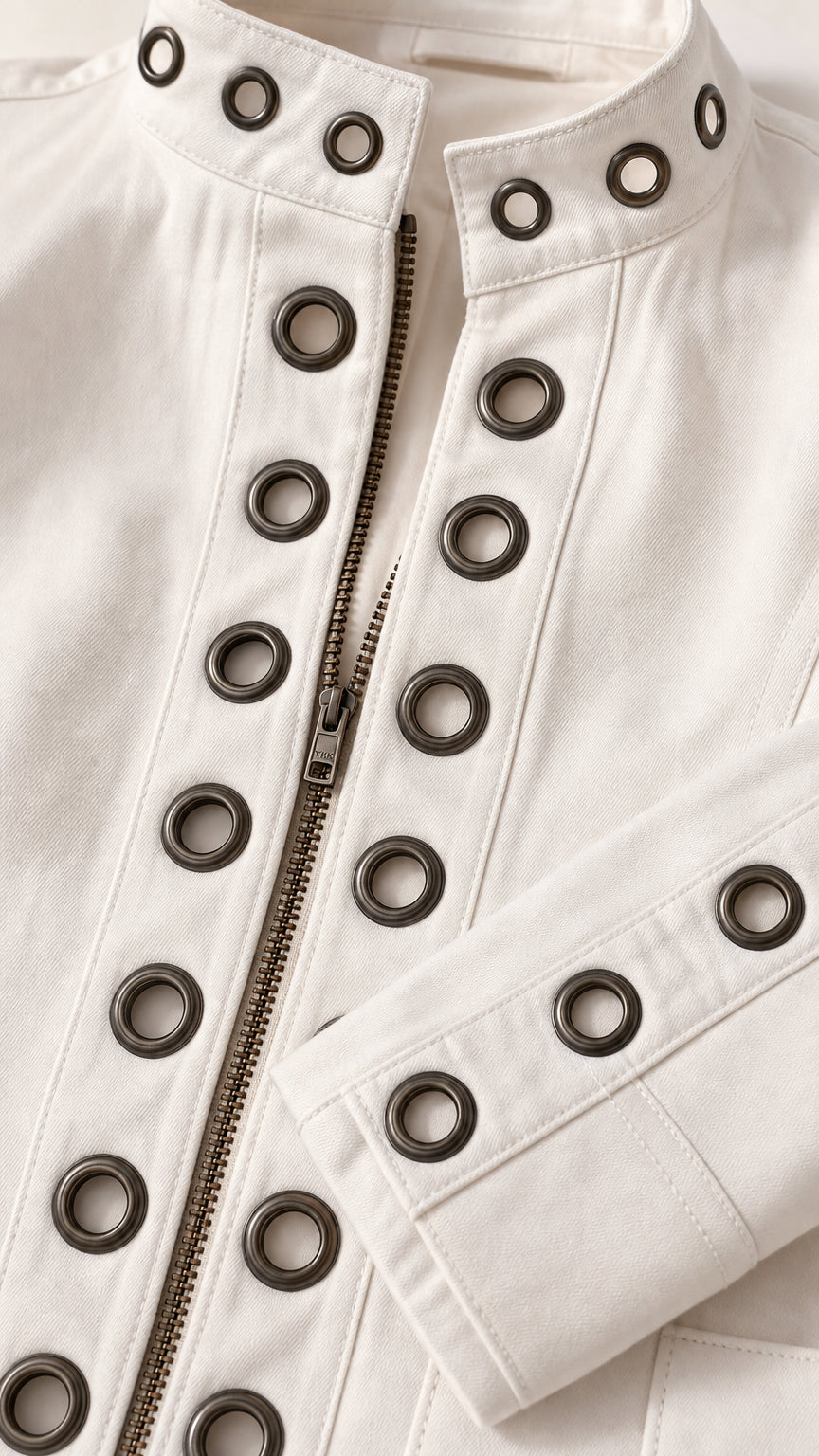 Close-up detail of metal grommets and zipper on white jacket