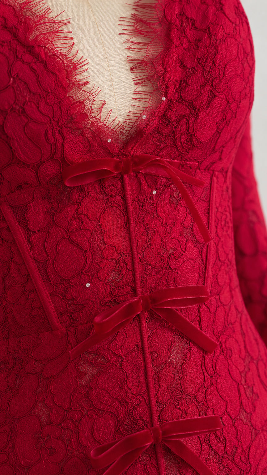 Close-up detail of V-neckline and bow accents on red lace dress