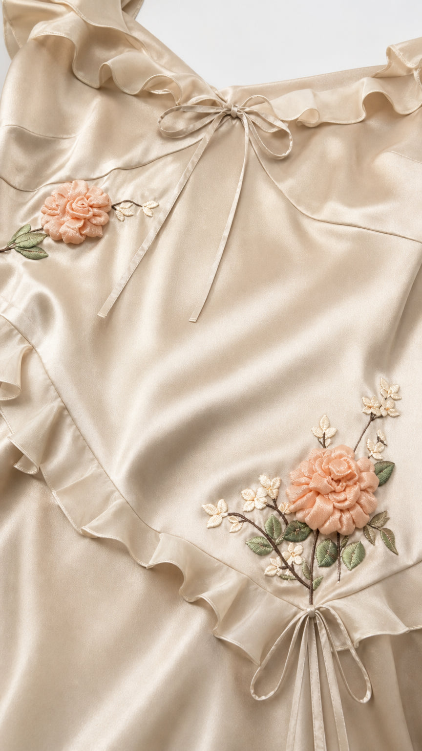 Close-up detail of champagne satin fabric with peach floral embroidery and ruffle trim