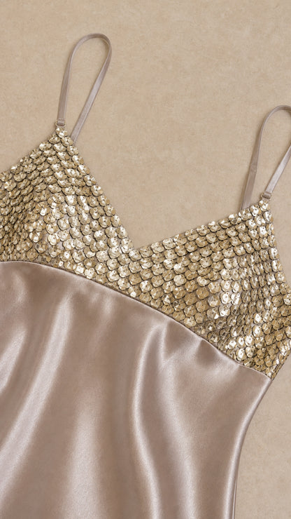 Close-up of sequin V-neck bodice and adjustable spaghetti straps