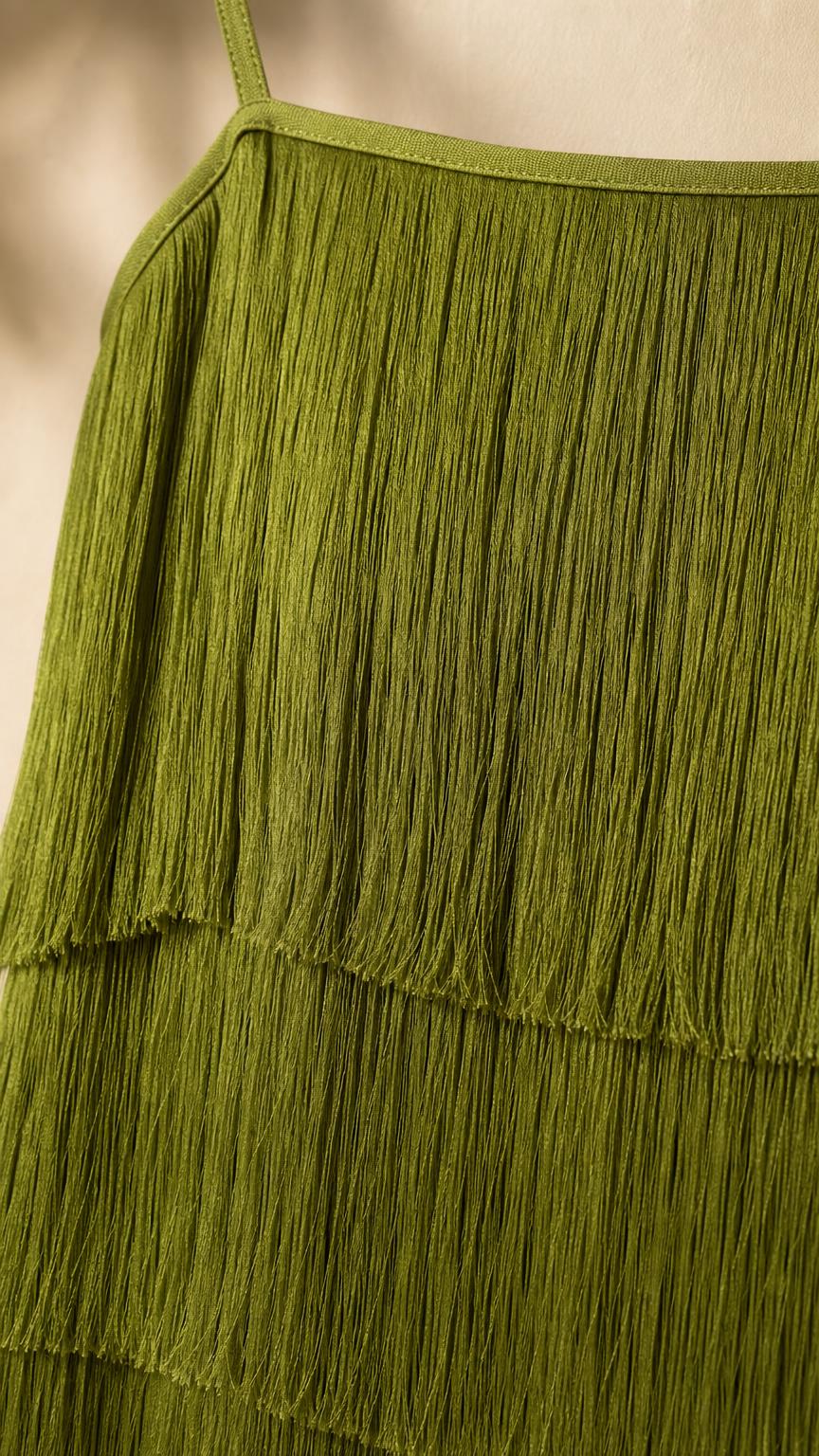 Close up detail of olive green fringe texture and straps