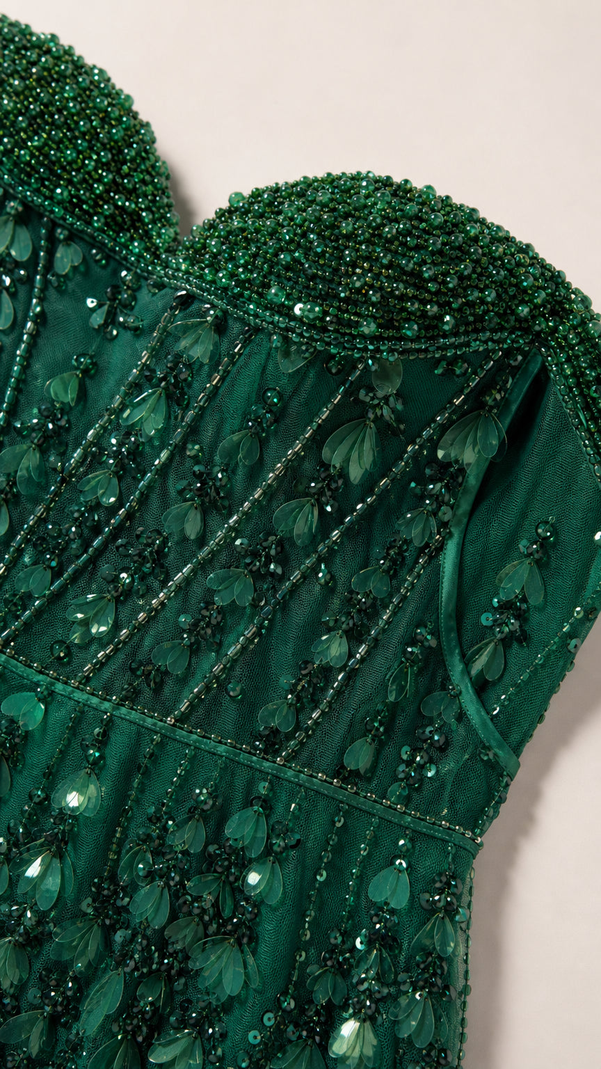 Close-up of beaded bodice and 3D appliques on Emerald Green gown