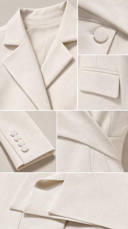 Close-up details of white blazer notched lapel, covered button, and flap pocket