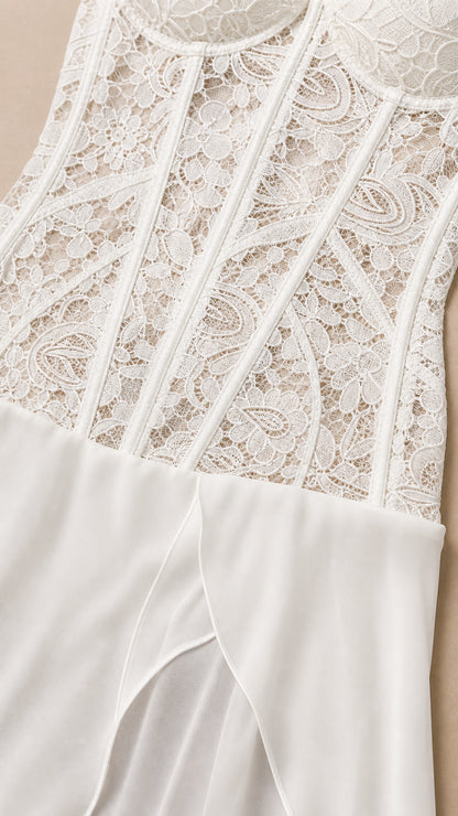 Close-up detail of White lace bodice and construction