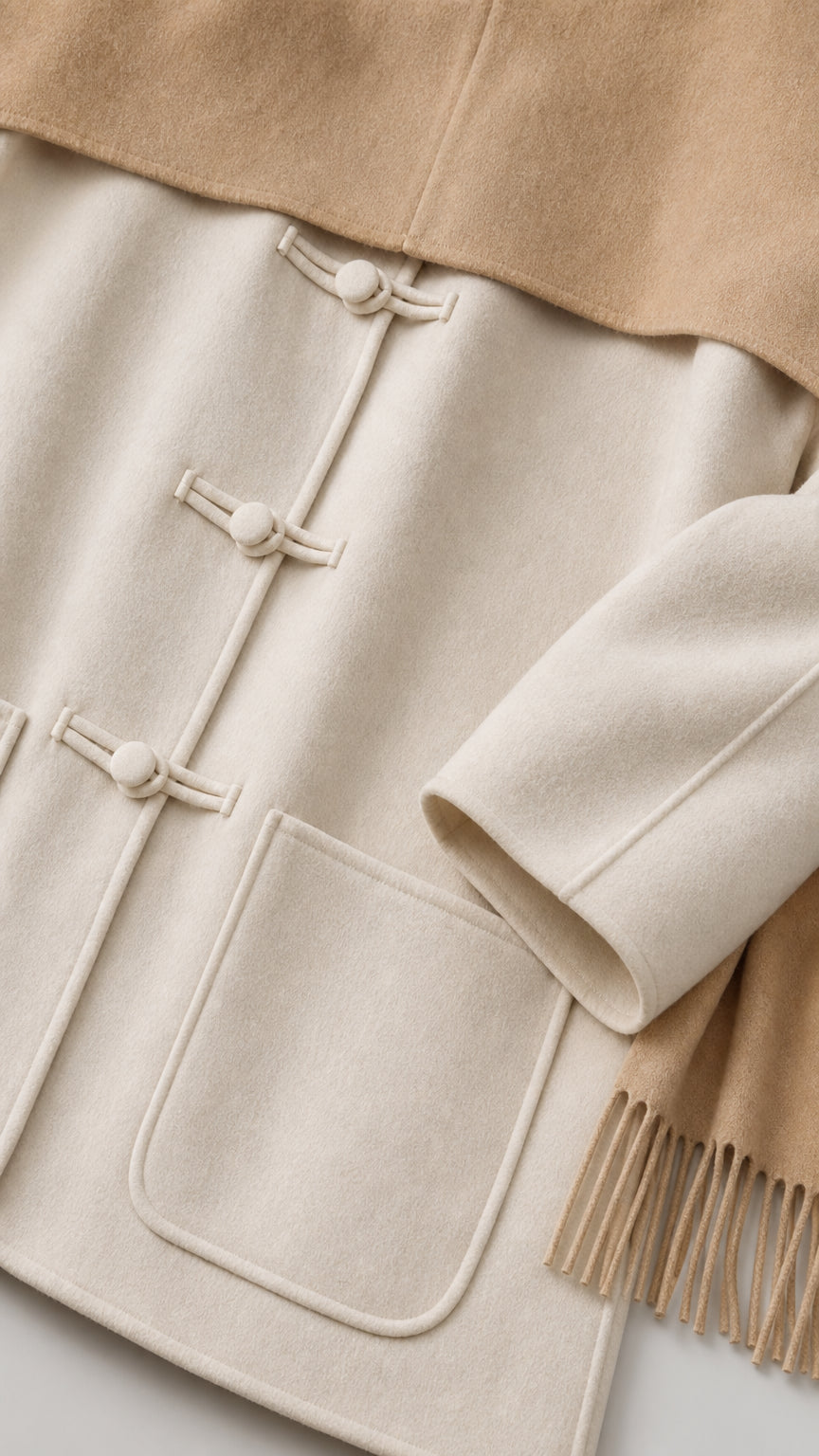 Close-up detail of cream jacket showing traditional frog knot closures, front pocket, and camel fringed scarf fabric