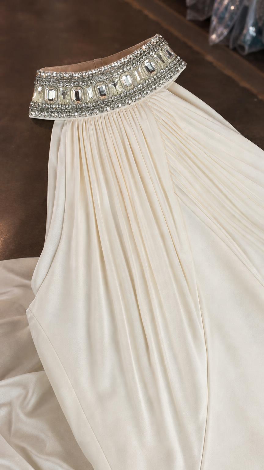 Close-up of crystal embellished high neckline collar