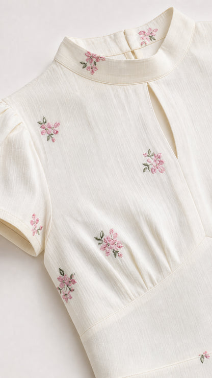 Close-up of mock neck, keyhole, and floral embroidery detail