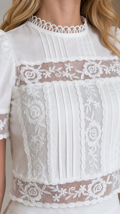 Close-up detail of white lace paneling and mock neckline