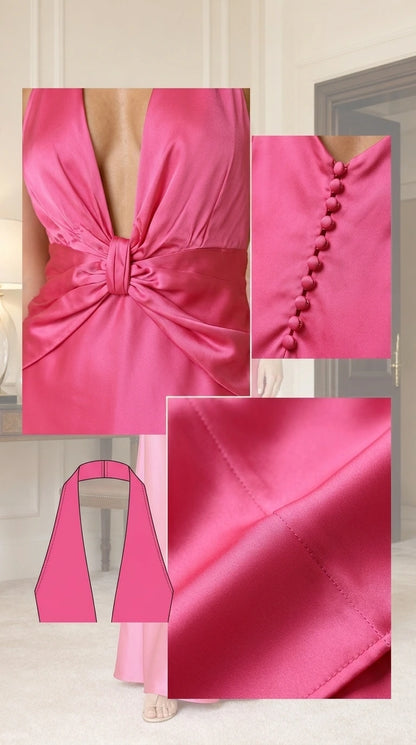 Close-up details of front knot, back buttons, and fabric texture