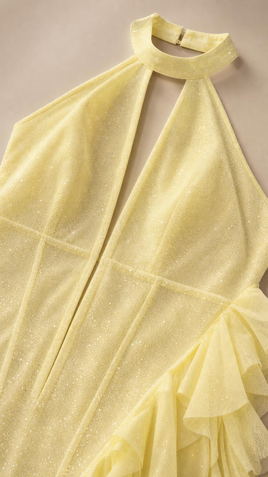 Close-up of yellow halter neckline and bodice details