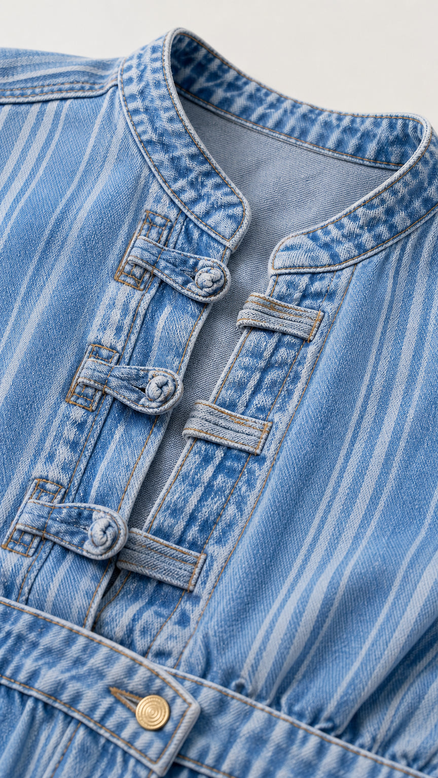 Close-up detail of mandarin collar and fabric knot buttons on blue top