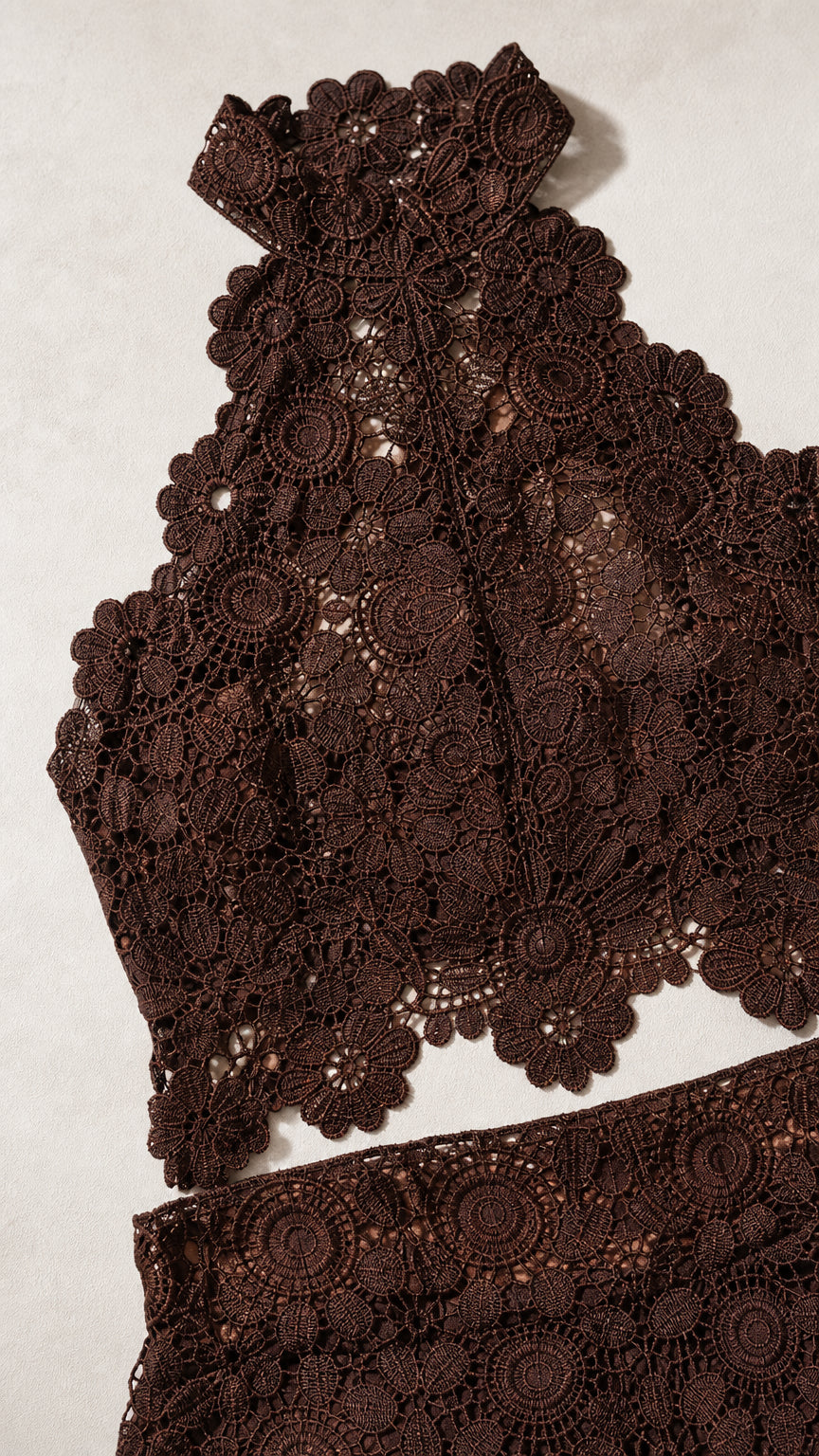 Close-up flat lay detail of brown floral crochet lace fabric