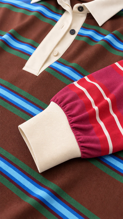 Close-up detail of polo collar and sleeve cuffs on striped sweatshirt
