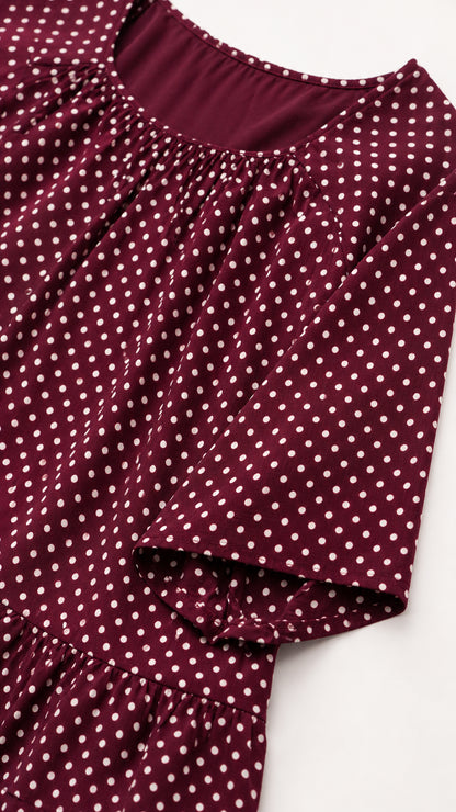 Close-up detail of burgundy polka dot gathered neckline and short sleeve