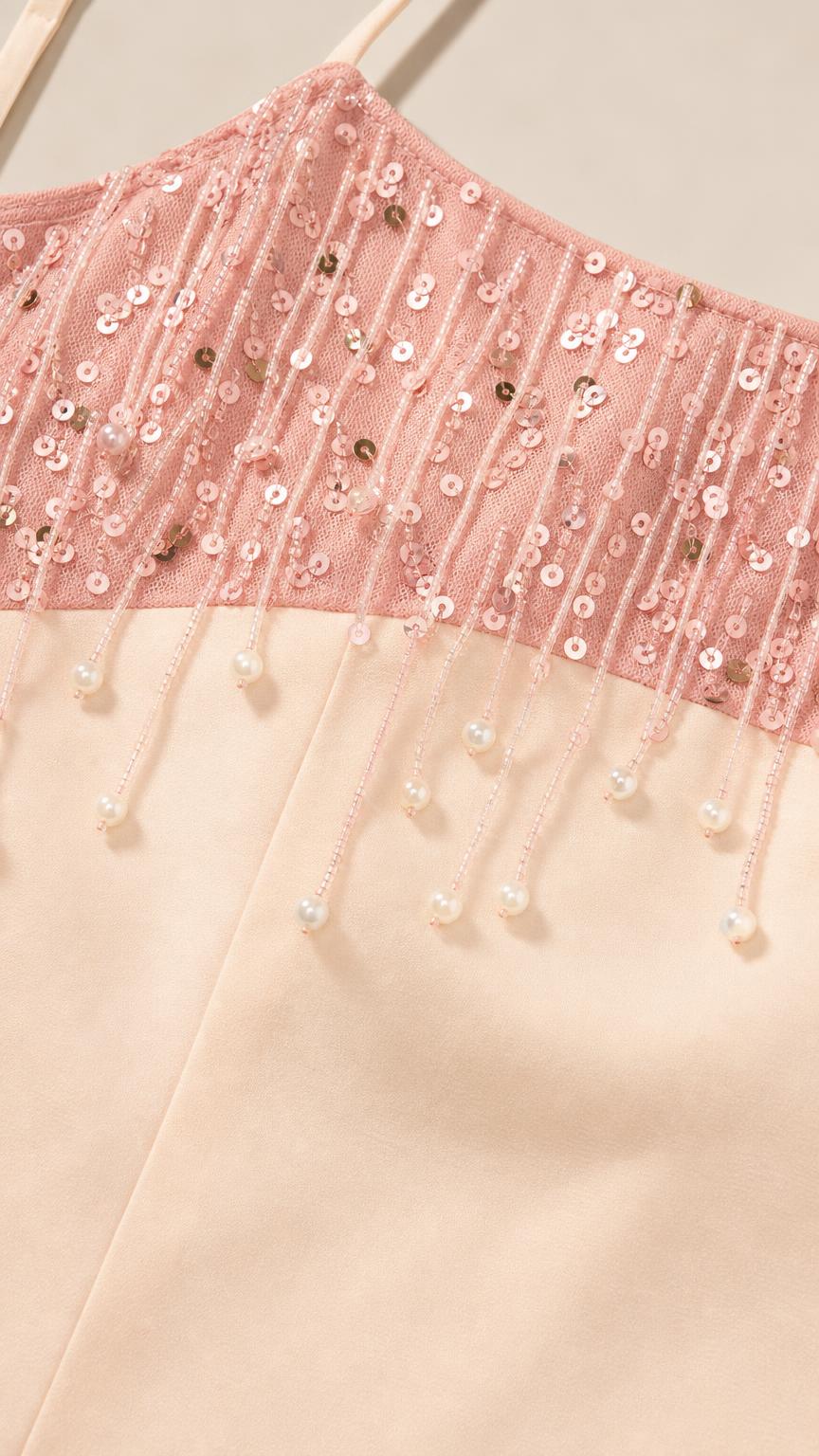 Close-up of sequin bodice and beaded fringe detail