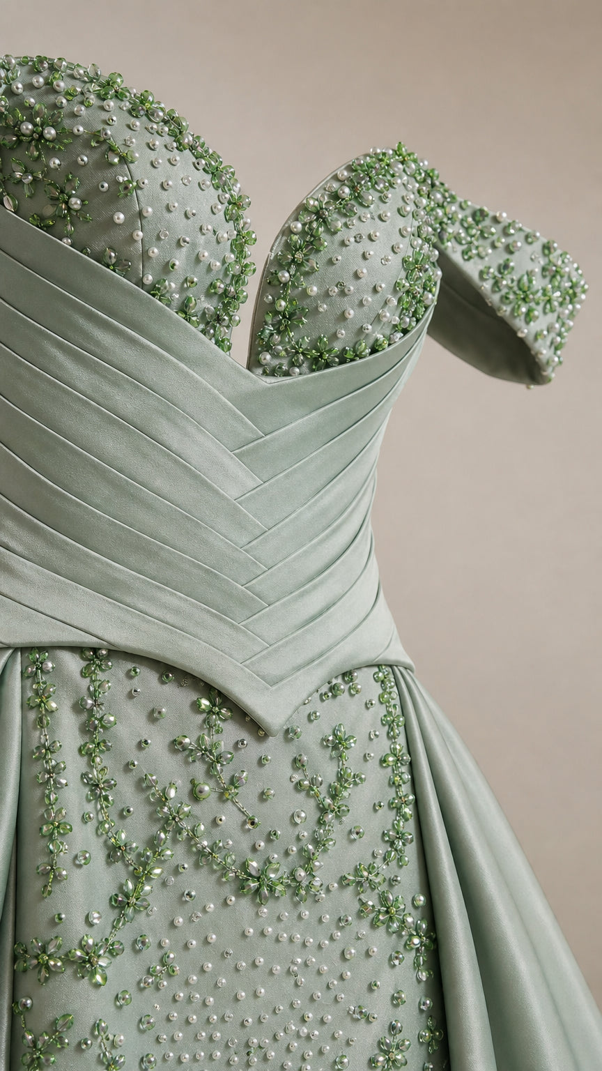 Close up of beaded bodice and off-shoulder straps