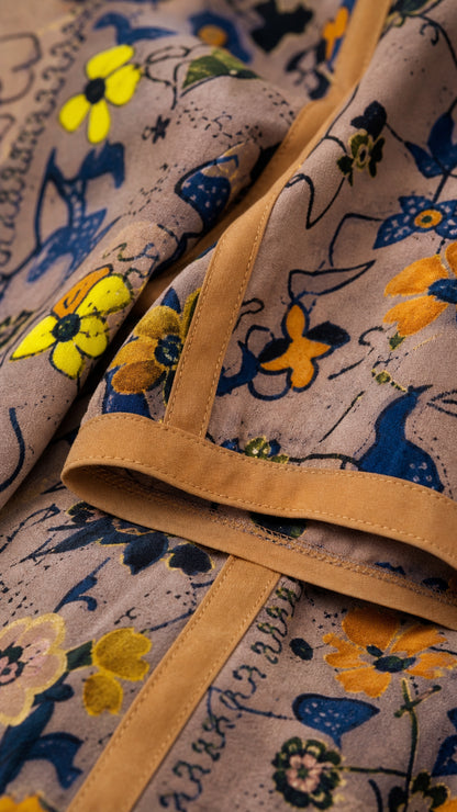 Close-up detail of floral printed woven fabric with stitched seam tape