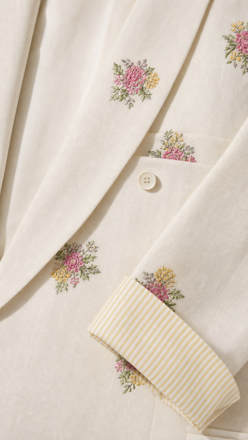 Close-up detail of floral embroidery, pocket flap, and striped cuff lining on cream blazer