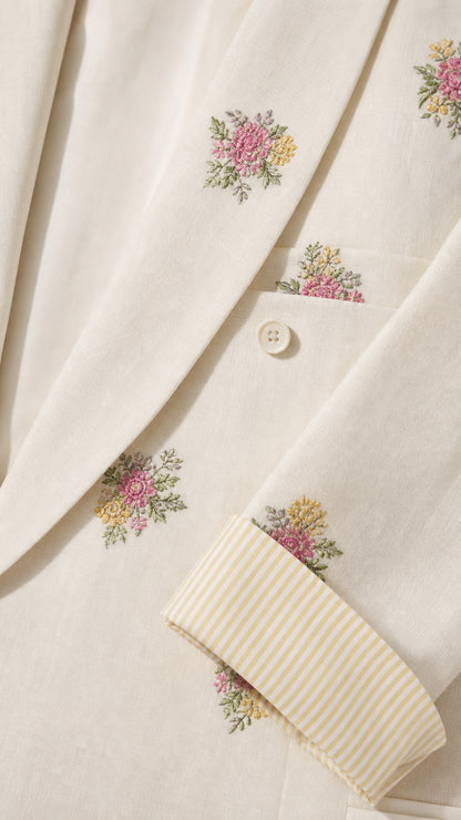Close-up detail of floral embroidery, pocket flap, and striped cuff lining on cream blazer
