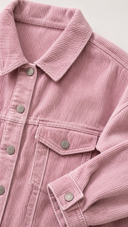 Close-up detail of Dusty Pink corduroy texture, button placket, and chest flap pocket