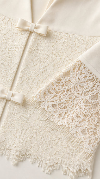 Close-up detail shot of ivory lace hem and delicate front bow closure