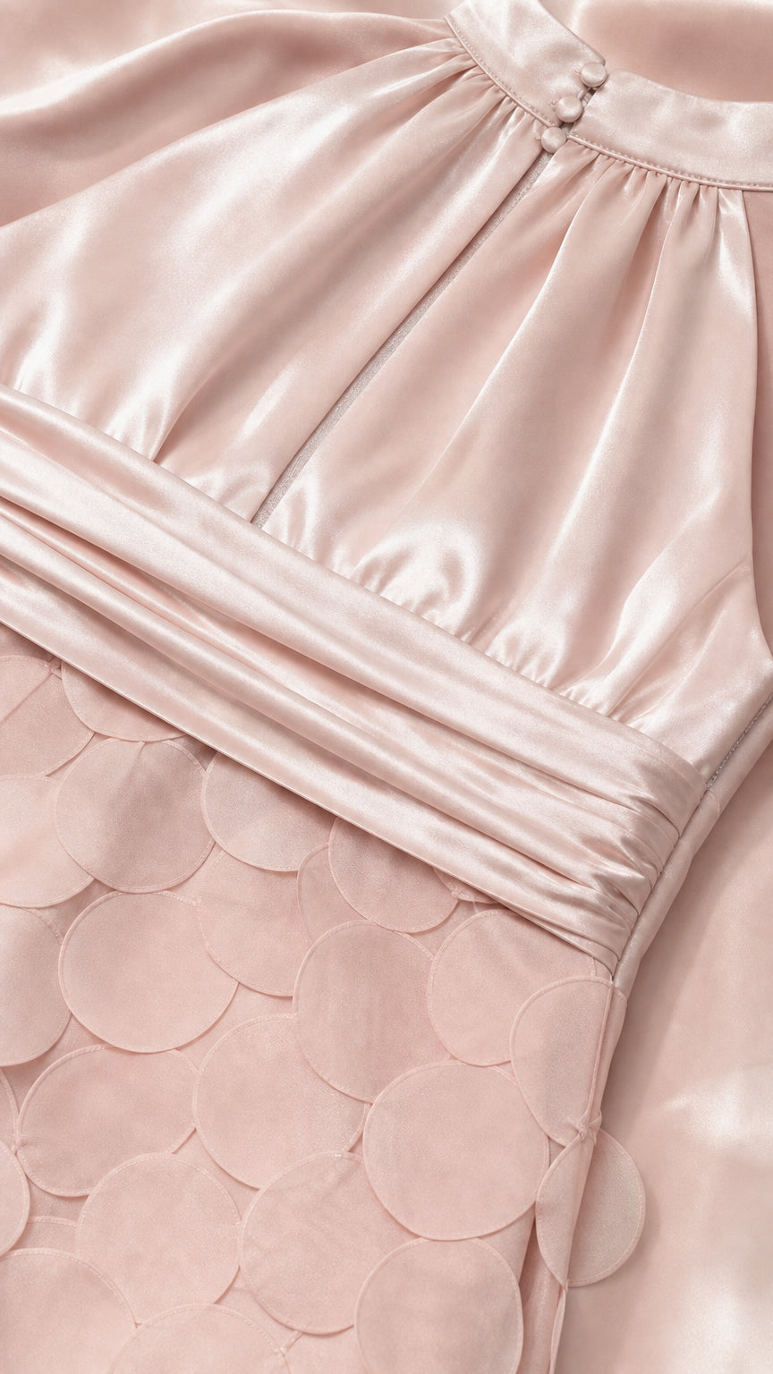 Close-up detail of blush pink pleated satin bodice and ruched waistband with circular disc texture
