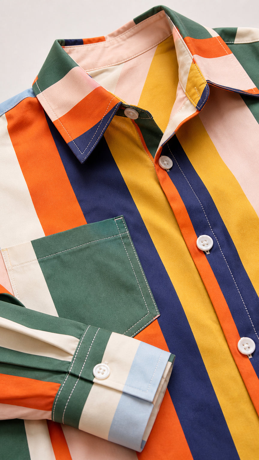 Close-up of collar, button placket, chest pocket, and cuff details