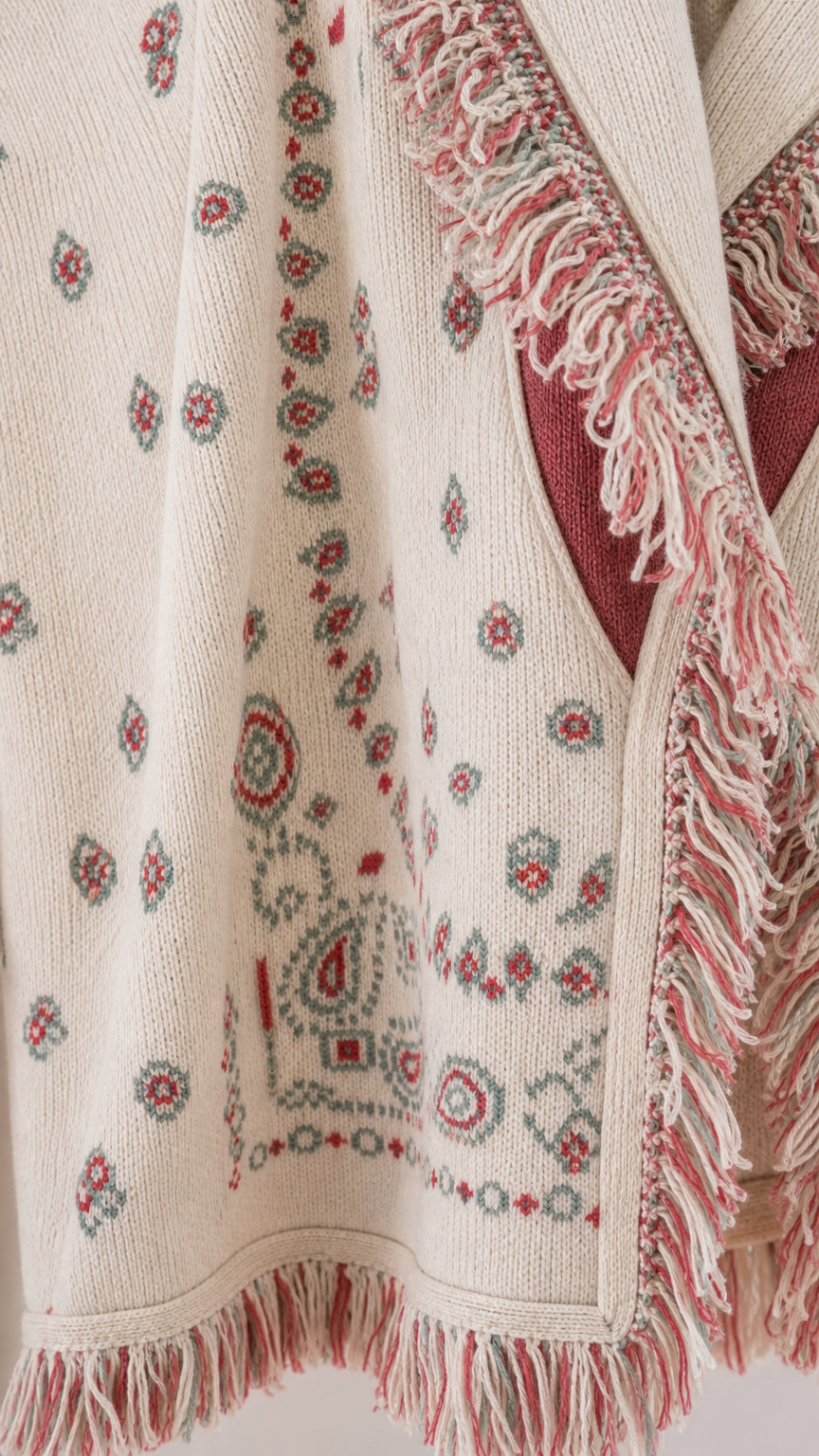 Close-up detail of jacquard knit fabric and fringe border trim