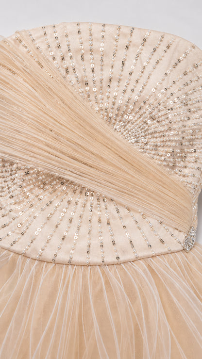 Close-up detail of sequined embellishments and pleated tulle bodice