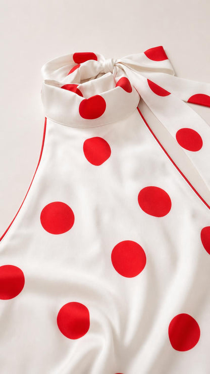 Close-up of fabric texture and red polka dot pattern on white background