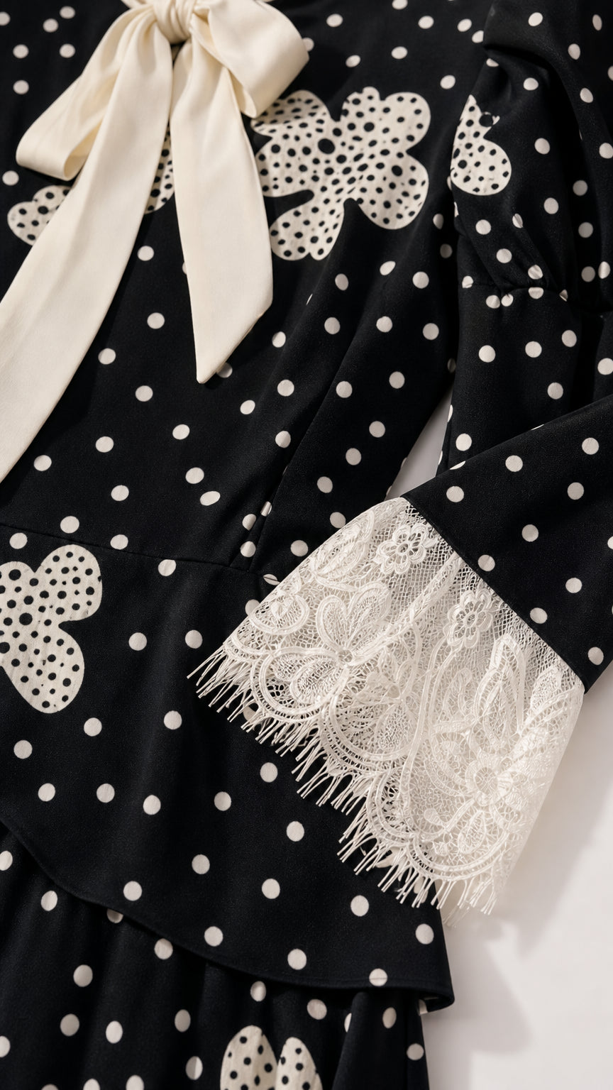 Close-up detail of cream neck bow and white eyelash lace cuffs on black polka dot dress