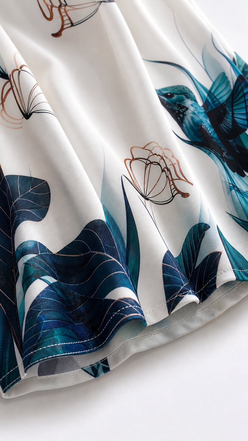 Close-up detail of the botanical print fabric and hem