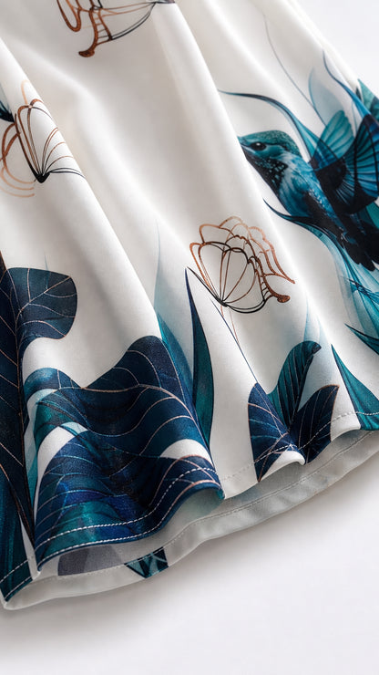 Close-up detail of the botanical print fabric and hem