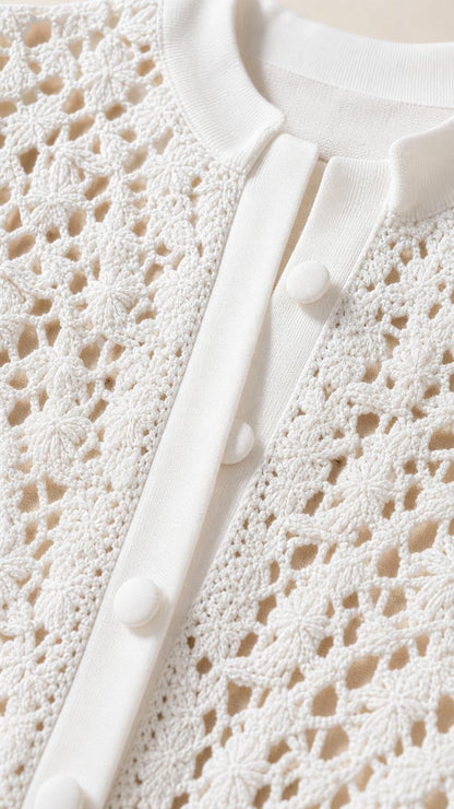 Close-up detail of white knit texture and button placket