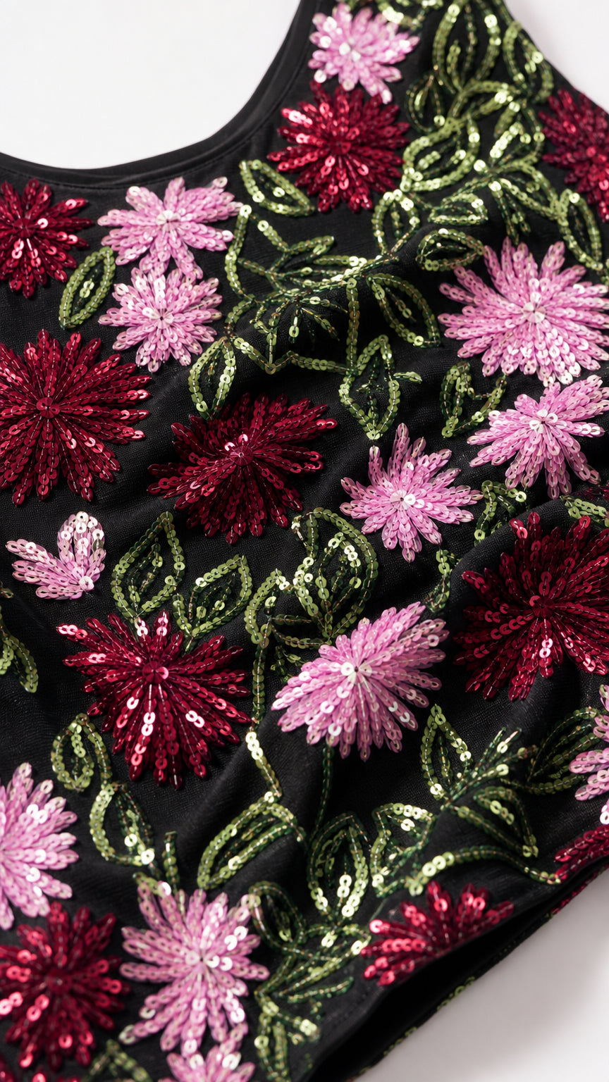 Close up detail of sequin floral embroidery on black fabric