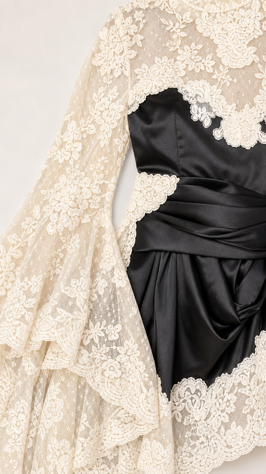 Close-up detail of lace sleeve and black satin bodice contrast