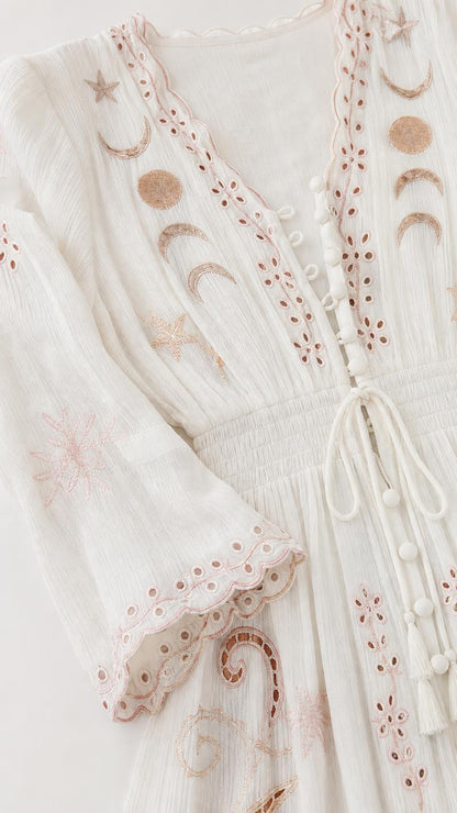 Close-up detail of V-neck and sleeve embroidery on white dress