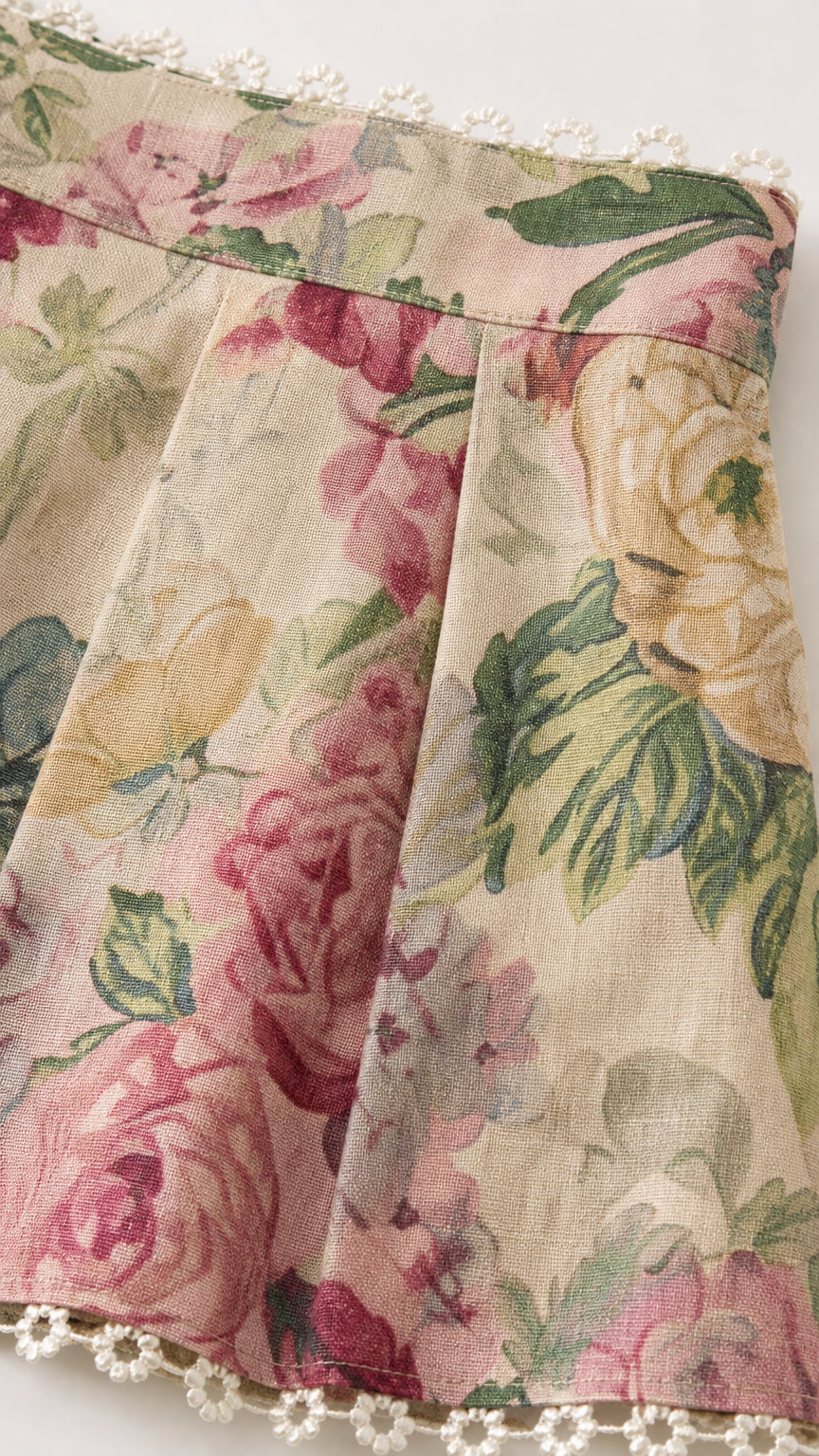 Close-up detail of floral patterned fabric and lace hem