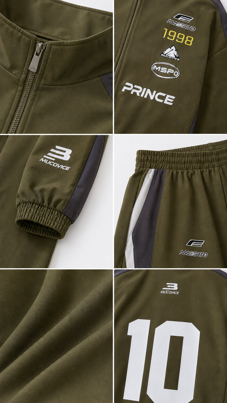 Close-up details of olive green tracksuit zipper, prints, elastic waistband, and cuffs