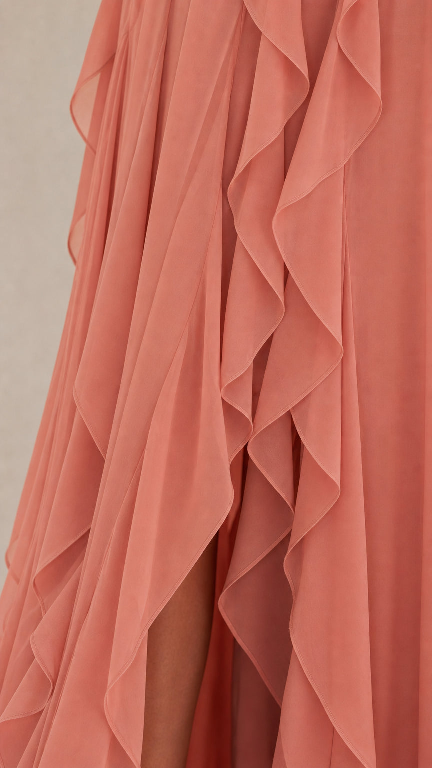 Close-up of cascading ruffles on Dusty Rose chiffon dress