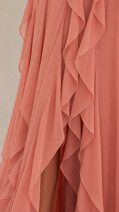 Close-up of cascading ruffles on Dusty Rose chiffon dress