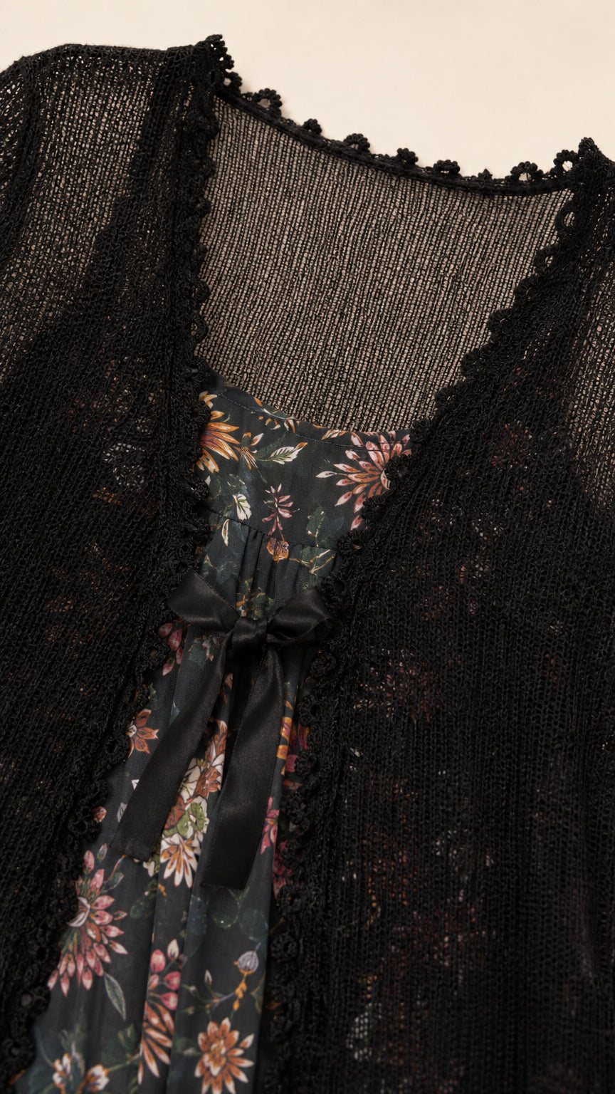Close-up of the open-knit black cardigan trim, floral neckline, and front tie detail