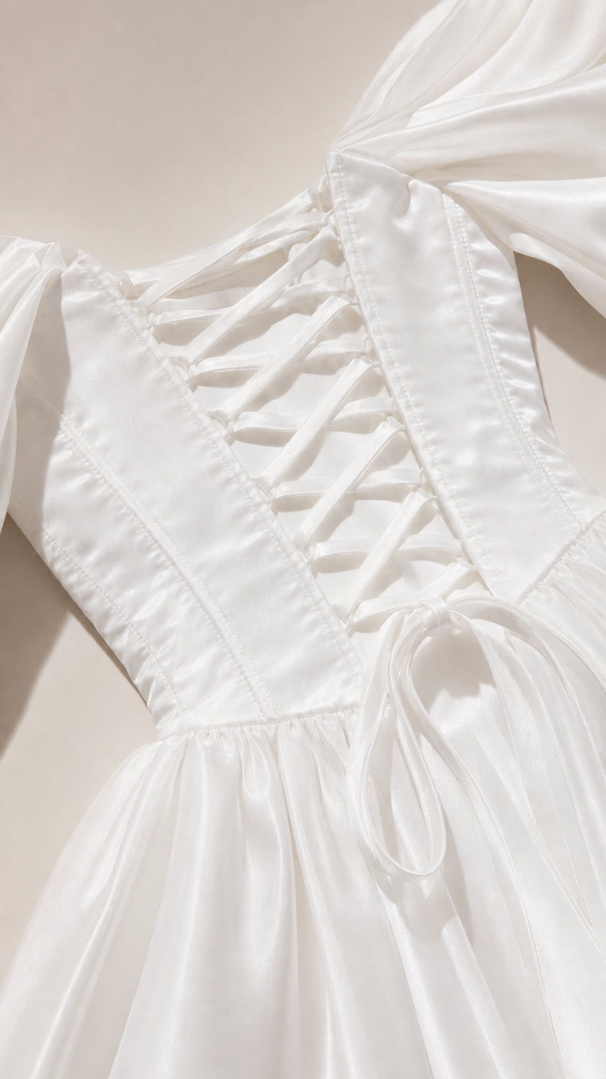 Close up of lace-up corset back detail on white dress