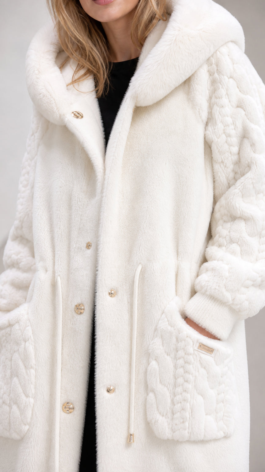 Close-up of ivory plush coat texture, hood, buttons, and pocket details