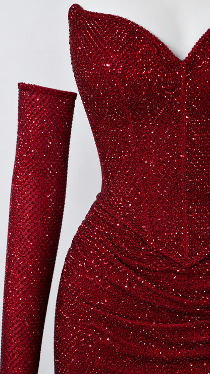 Close-up detail of the sweetheart neckline, bodice, and sequin texture