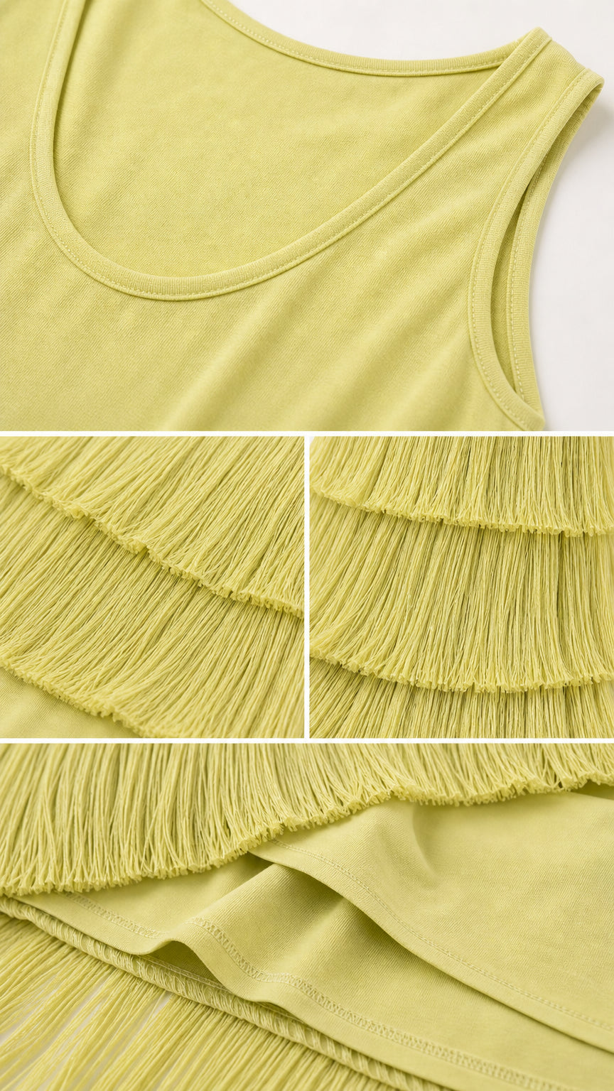 Close-up details of lime green knit fabric, neckline, and multi-tier fringe trim
